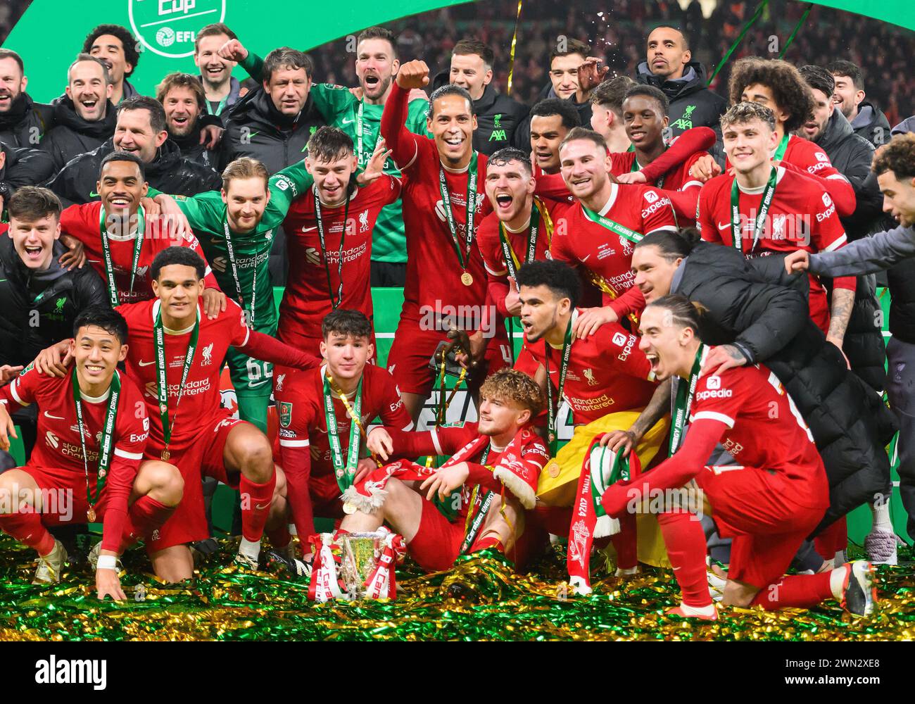 25 février 2024 - Chelsea v Liverpool - finale de la Coupe de Carabao - stade de Wembley. Liverpool célèbre avoir remporté la Carabao Cup 2024. Photo : Mark pain/Alamy Banque D'Images