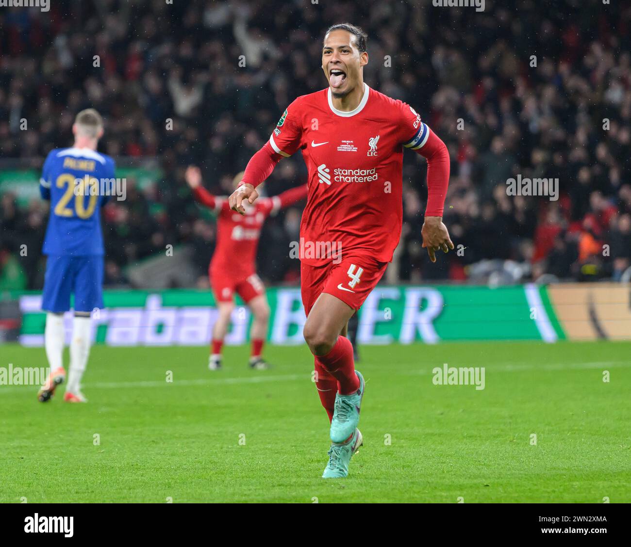 25 février 2024 - Chelsea v Liverpool - finale de la Coupe de Carabao - stade de Wembley. Virgil Van Dijk de Liverpool célèbre son but qui a ensuite été refusé. Banque D'Images