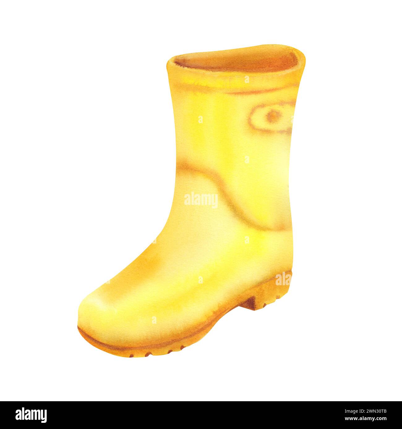 Botte jaune aquarelle sur fond blanc. Illustration peinte à la main. Printemps, humeur automnale. Chaussures en caoutchouc pour la randonnée sous la pluie. Modèle pour la conception Banque D'Images