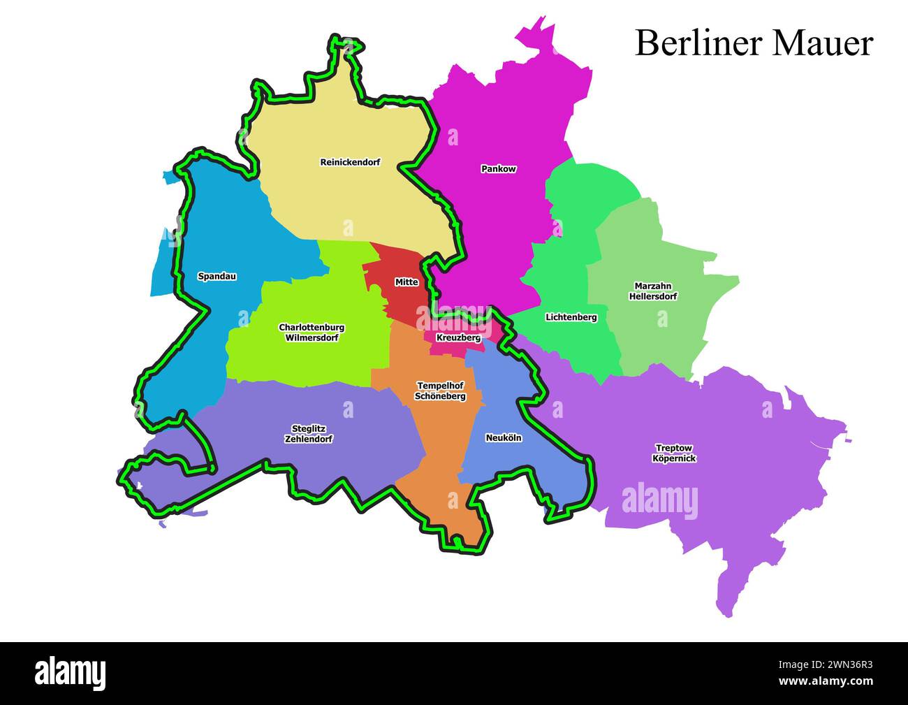 Carte du parcours Erlin Wall avec districts Banque D'Images