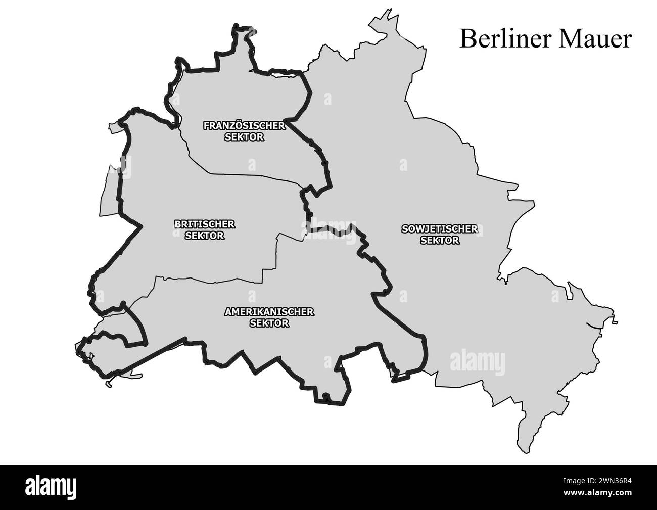 Carte du cours du mur de Berlin avec des quartiers avec des secteurs noir et blanc Banque D'Images