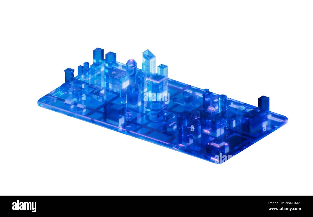 Ville sur le téléphone avec effet de lumière néon foncé, rendu 3D. Illustration 3D. Banque D'Images