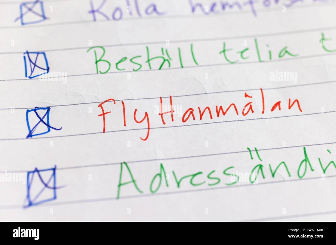 Signes et symboles, une liste de choses à faire pour quelqu'un qui se déplace, 'Flyttanmälan'. Banque D'Images