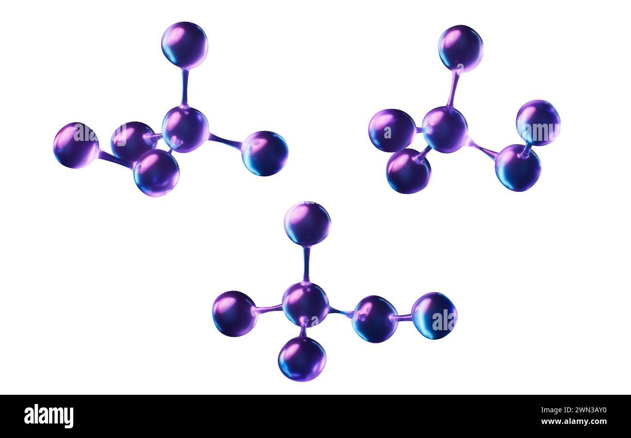 Molécule avec effet de lumière néon foncé, rendu 3D. Illustration 3D. Banque D'Images