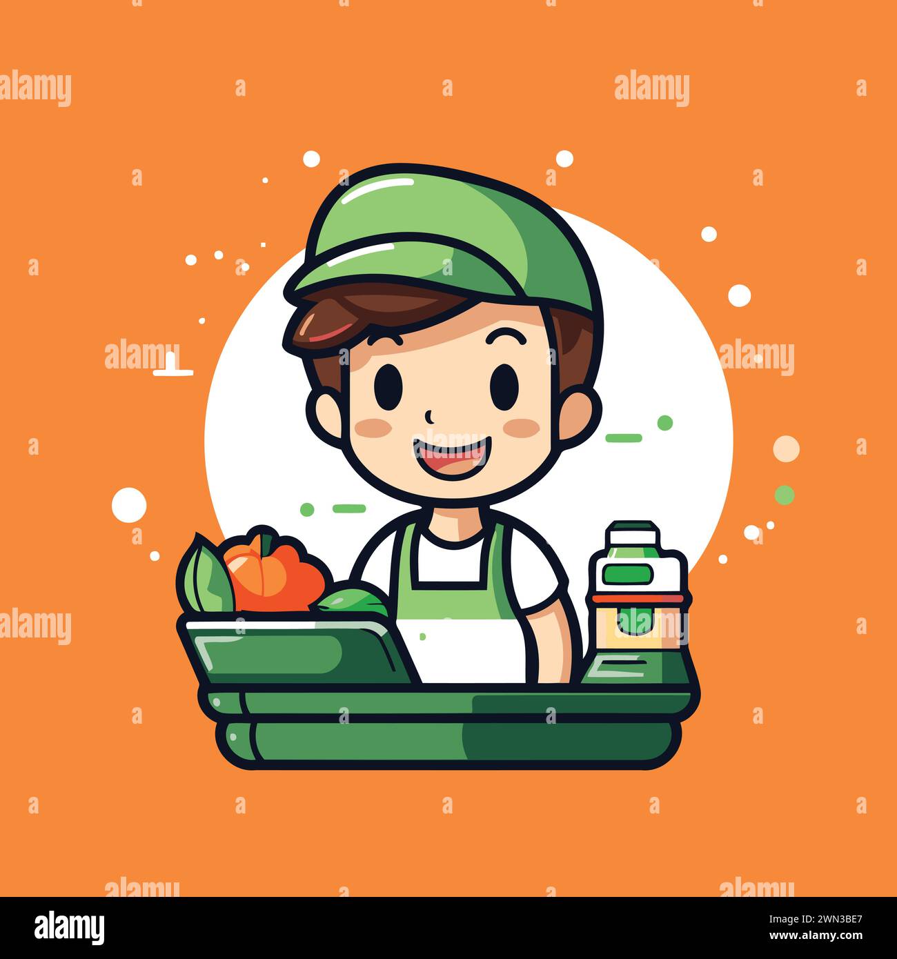 Vendeur de fruits et légumes. Illustration vectorielle de personnage de dessin animé mignon. Illustration de Vecteur