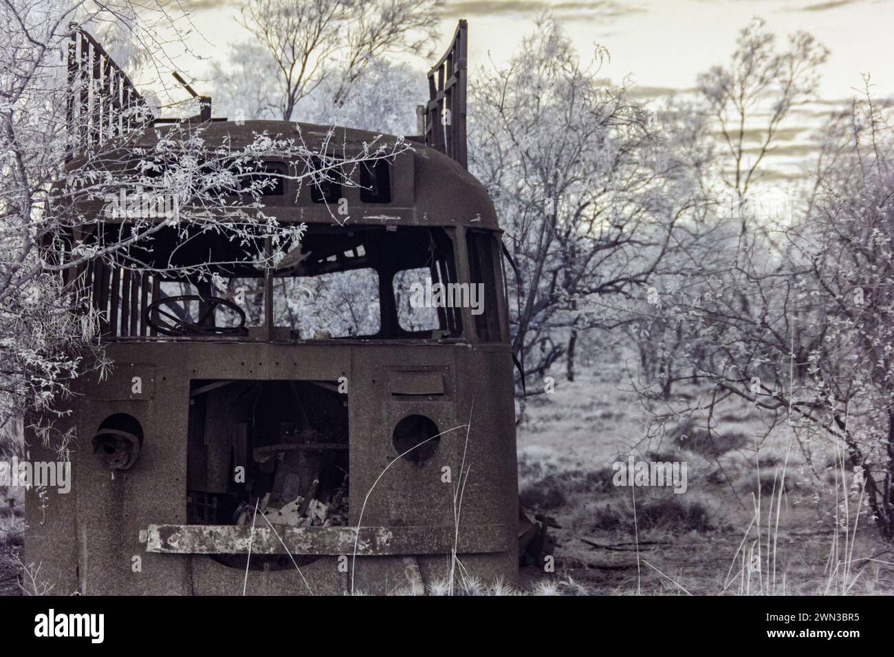 Vue de face d'un bus touristique abandonné et rouillé dans une forêt, capture dans l'infrarouge Banque D'Images
