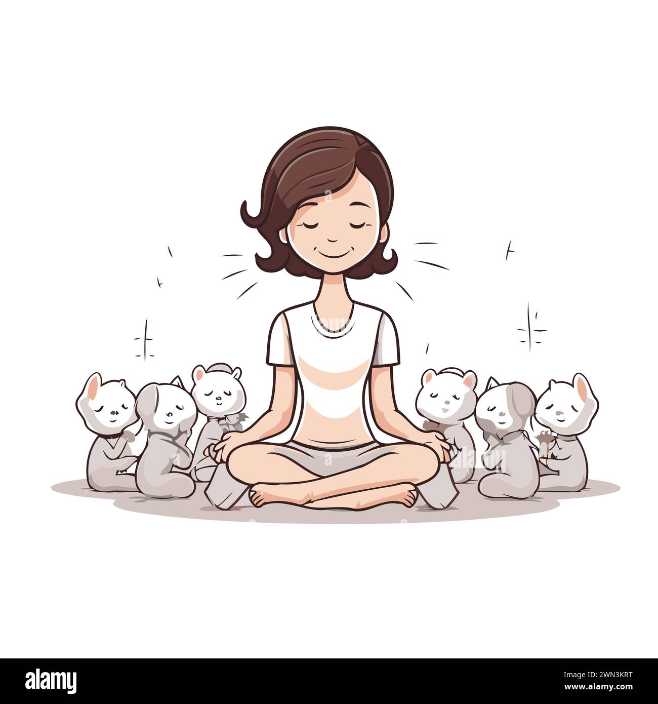 Illustration vectorielle d'une fille méditant avec ses chats sur fond blanc Illustration de Vecteur