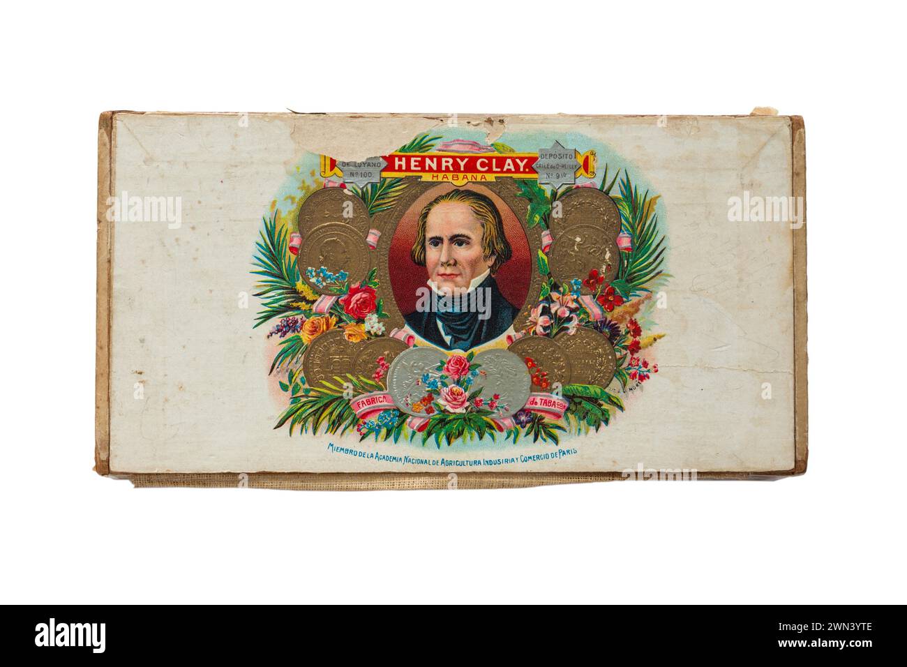 Boîte à cigares Old vintage Henry Clay Habana - Miembro de laAcademoia Nacional de Agricultura Industria y Comercio de Paris isolé sur fond blanc Banque D'Images
