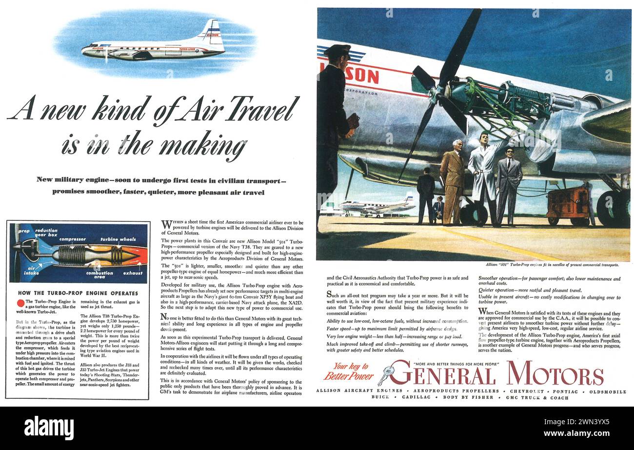 1950 publicité imprimée sur le moteur d'avion Allison Turbo-Prop de General Motors. "Nouveau moteur militaire bientôt soumis à des tests dans le transport civil." Banque D'Images