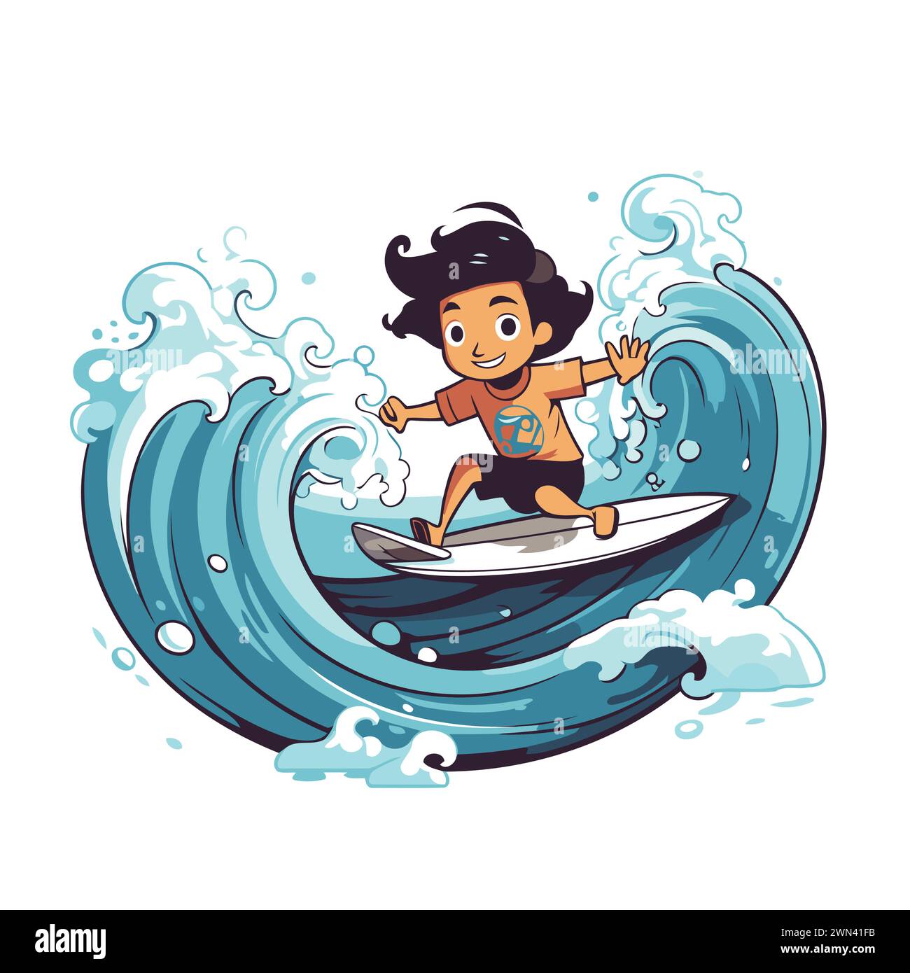 Illustration vectorielle de dessin animé d'un surfeur sur une grande vague. Illustration de Vecteur