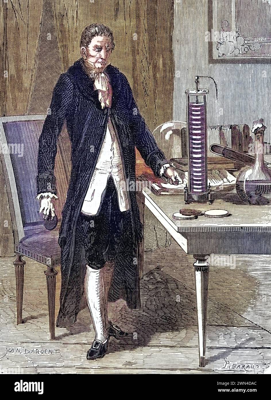 Alessandro Volta 1745-1827 Italienischer Physiker, der seinen elektrischen Akku demonstriert / Alessandro Volta 1745-1827 physicien italien, démonstra Banque D'Images
