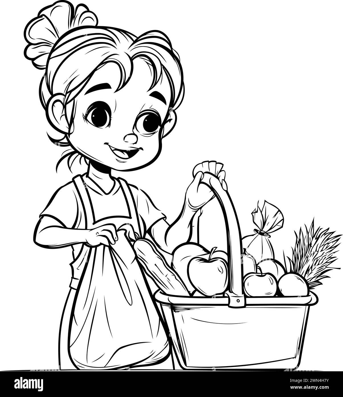 Petite fille mignonne avec panier de fruits et légumes. Illustration vectorielle. Illustration de Vecteur