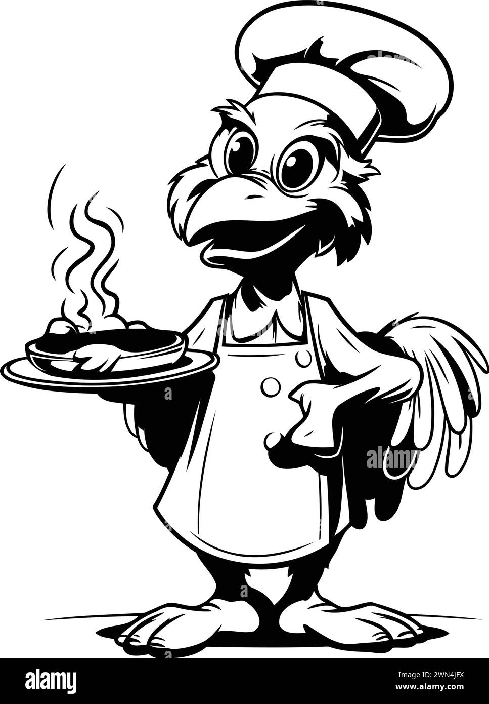 Illustration vectorielle d'un chef de bande dessinée avec une assiette de nourriture dans ses mains. Illustration de Vecteur