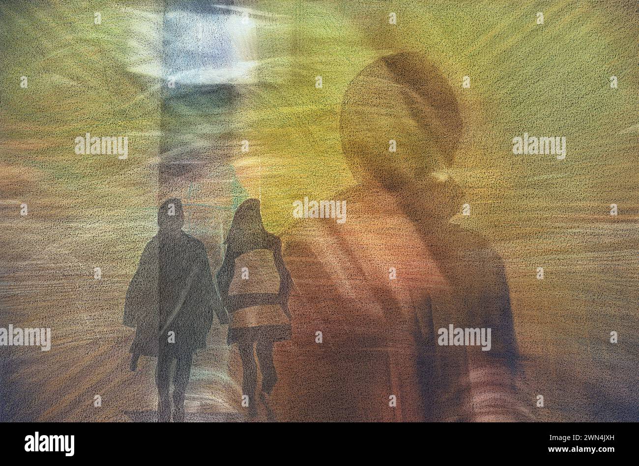 Deux personnes en silhouette marchant avec le dos tourné à travers un paysage rêveur, surréaliste et coloré. Banque D'Images