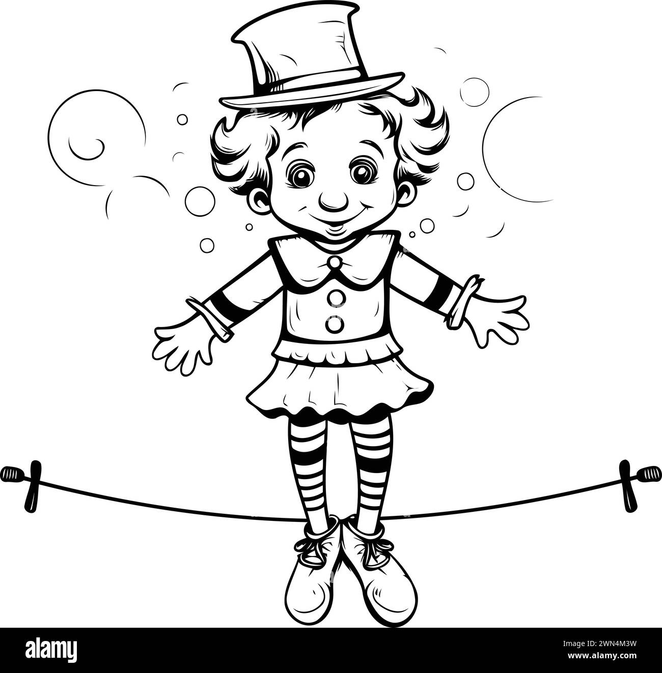Illustration de dessin animé d'un clown de cirque en équilibre sur une corde serrée. Illustration de Vecteur