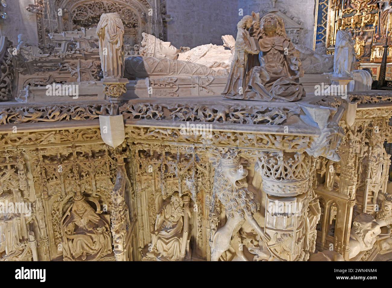 Cartuja de Santa Maria de Miraflores, gothique XVe siècle. Juan II et Isabel de Portugal tombeau de Gil de Siloe (XVe siècle), détail. Burgos, Castill Banque D'Images