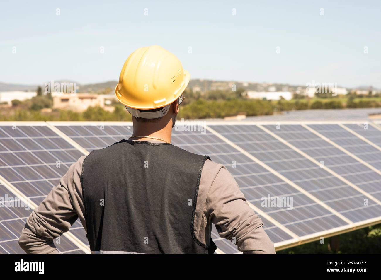 Vue arrière de l'ingénieur de maintenance masculin regardant les panneaux solaires dans le champ Banque D'Images