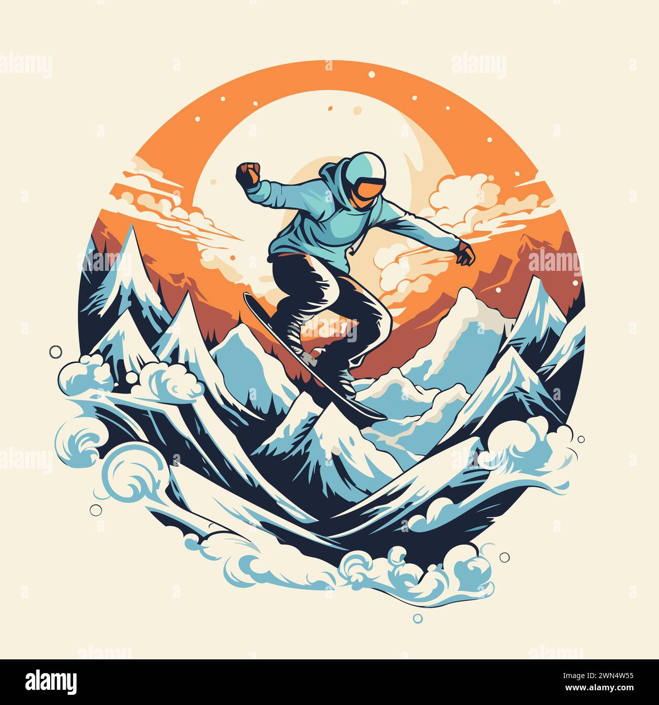 Snowboarder sautant dans les montagnes. Illustration vectorielle dans un style rétro. Illustration de Vecteur