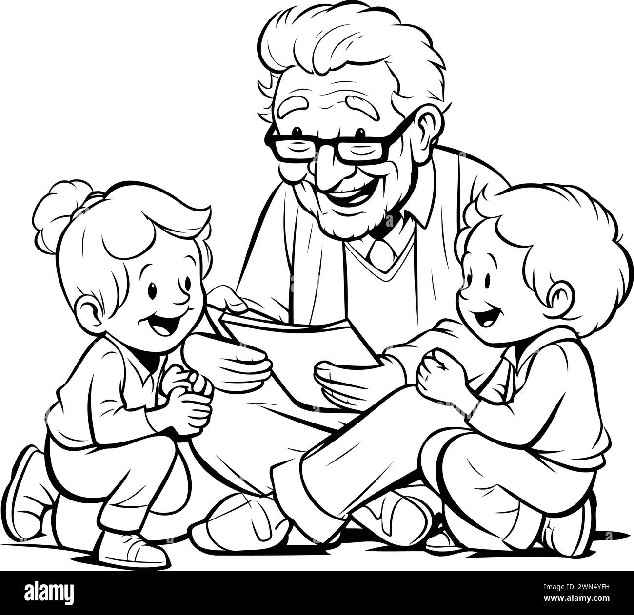 Grand-père avec petits-enfants. Illustration vectorielle noir et blanc pour livre de coloriage. Illustration de Vecteur