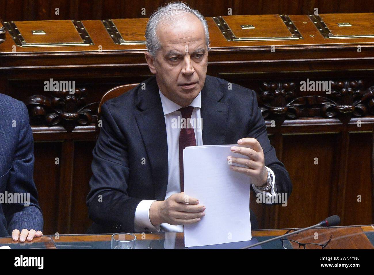 Italie, Rome, 29 février 2024 : Matteo Piantedosi, ministre de l'intérieur, à la Chambre des députés pour des communications sur le comportement de la police lors de la manifestation étudiante sur la guerre en Palestine. Photo © Stefano Carofei/Sintesi/Alamy Live News Banque D'Images