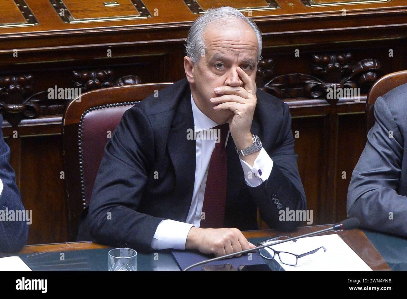 Italie, Rome, 29 février 2024 : Matteo Piantedosi, ministre de l'intérieur, à la Chambre des députés pour des communications sur le comportement de la police lors de la manifestation étudiante sur la guerre en Palestine. Photo © Stefano Carofei/Sintesi/Alamy Live News Banque D'Images