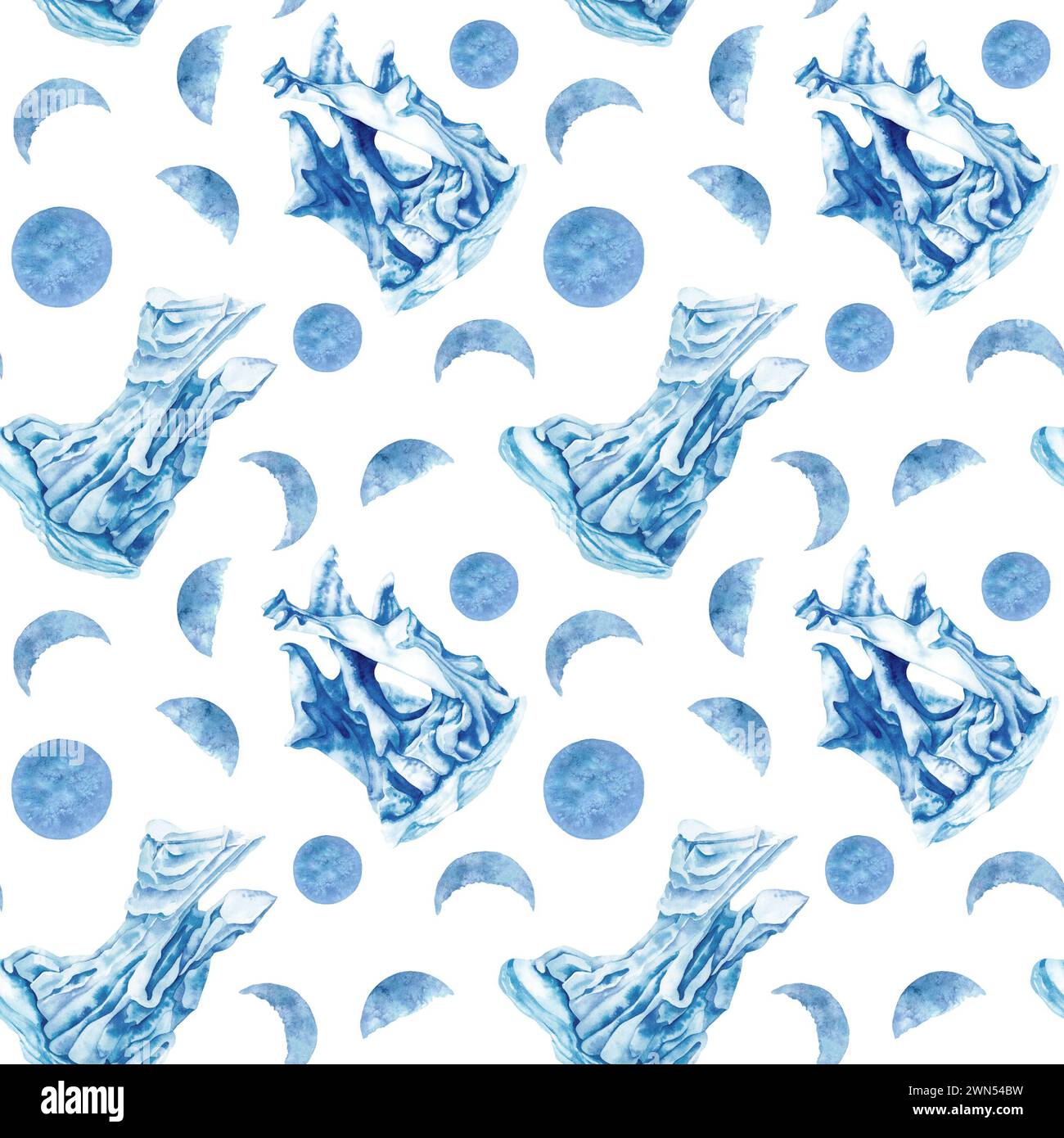 Aquarelle motifs sans couture avec des icebergs bleus et des lunes magiques pour modèle, clipart pour les vacances d'hiver, jour de la Terre, Marine et vie océanique, pour la ferraille Banque D'Images
