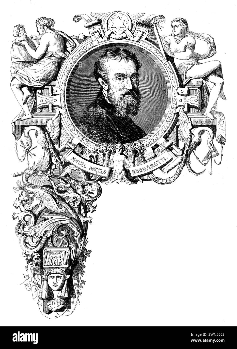Chapitre avant consacré aux arts et à l'architecture avec le portrait de Michel-Ange Buonarroti.le portrait devrait représenter Michel-Ange comme un homme dans ses années de maturité, incarnant la profondeur de son expérience et l'ampleur de ses réalisations artistiques. Son expression est réfléchie, avec un regard qui semble regarder au-delà de la toile, reflétant l’intensité intellectuelle et émotionnelle qui a alimenté son processus créatif. L’arrière-plan pourrait subtilement incorporer des éléments qui font allusion à ses chefs-d’œuvre, comme un contour faible du plafond de la Chapelle Sixtine ou la silhouette de la statue de David, plaçant salut Banque D'Images