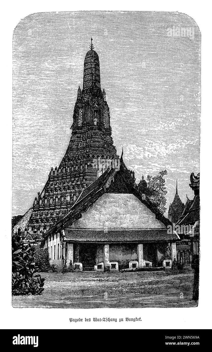 Wat Arun, le temple de l'aube, se dresse majestueusement le long des rives du fleuve Chao Phraya à Bangkok, en Thaïlande, ses flèches atteignant le ciel, scintillant avec la première lumière de l'aube. Ce temple bouddhiste, nommé d'après Aruna, le Dieu hindou de l'aube, est réputé pour son imposant prang (tour de style khmer) orné de porcelaine vibrante et de verre coloré, créant un spectacle éblouissant alors qu'il capte le soleil du matin. La conception du temple est un mélange unique de styles architecturaux, incarnant des siècles de signification religieuse et de réalisation artistique. Visiteurs grimpant les marches raides de la pra centrale Banque D'Images