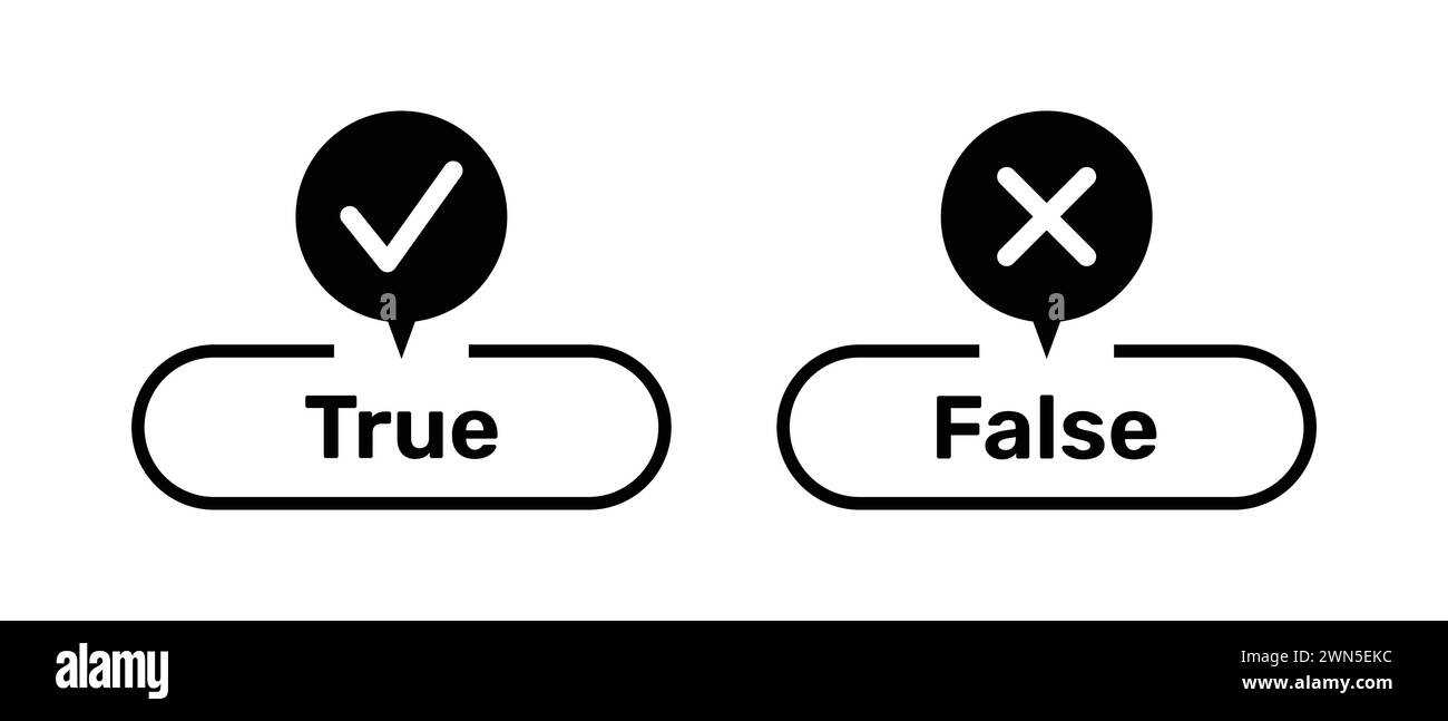 Symboles corrects et erronés avec les boutons vrai et faux de couleur noire. Boutons vrai et faux avec symboles correct et incorrect. Icône de case à cocher avec une croix. Illustration de Vecteur