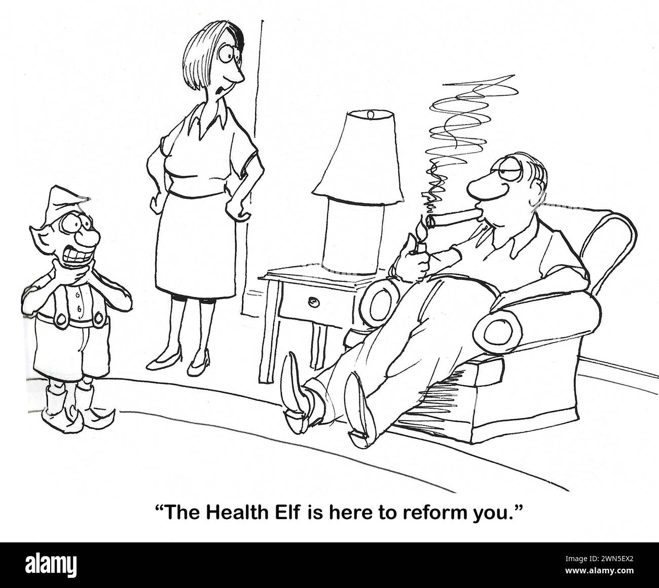 Dessin animé BW d'un Elfe de la santé qui veut réformer un fumeur de cigares. Banque D'Images