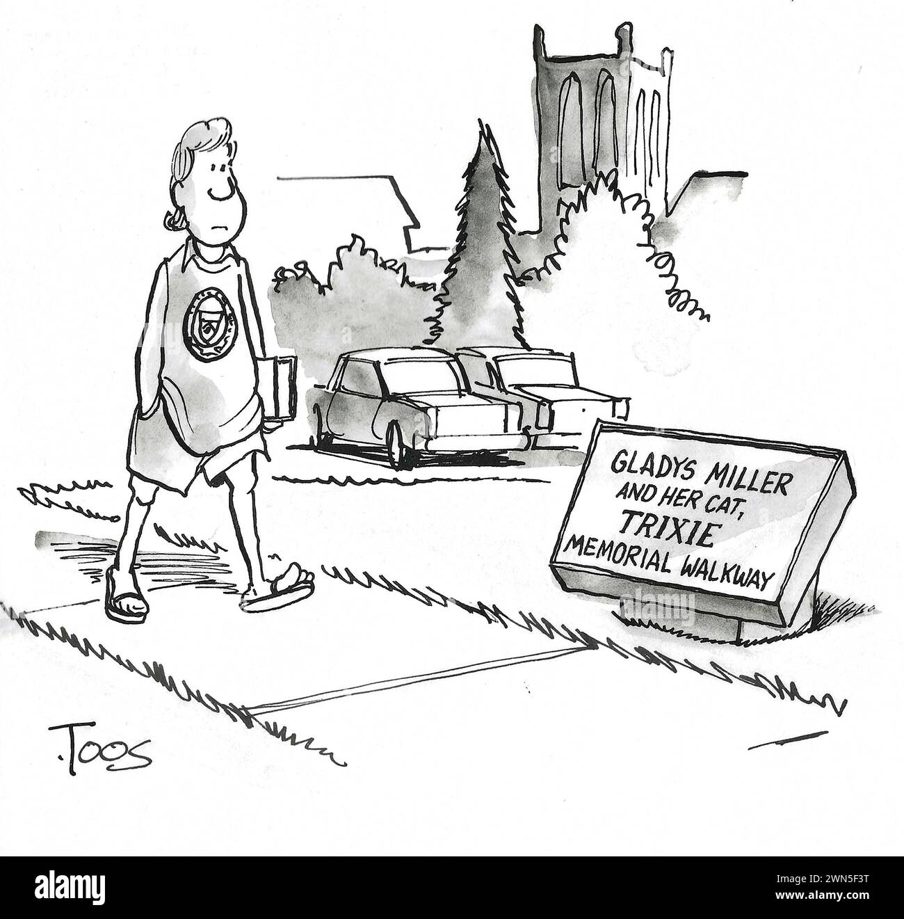 Dessin animé BW d'une étudiante de l'université marchant sur le Gladys Miller and Her Cat, Trixie, Memorial Walkway Banque D'Images