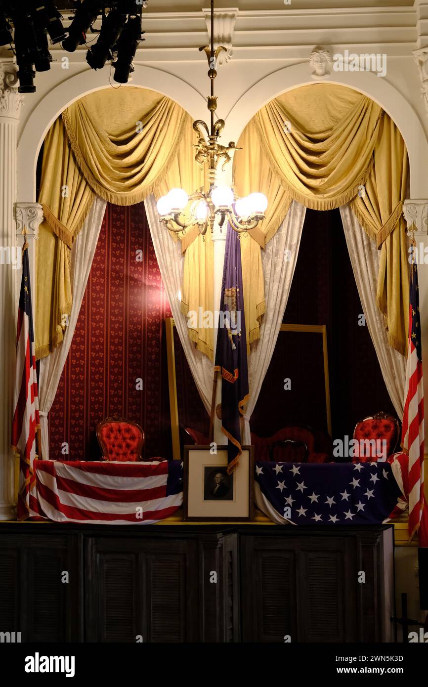 Une vue fermée de la boîte présidentielle d'Abraham Lincoln dans le théâtre Ford où le président Abraham Lincoln a été assassiné le 14 avril 1865.Washington DC.USA Banque D'Images