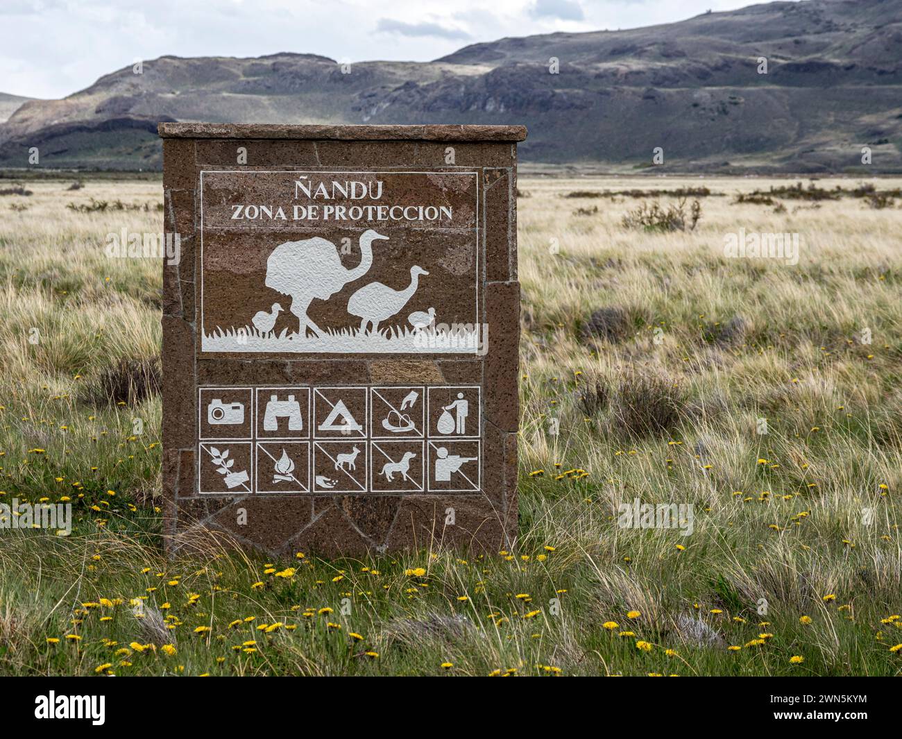 Panneau d'information indiquant la zone de protection de nandu, vallée de la Valle Chacabuco, Parque Patagonia, Patagonia, Chili Banque D'Images