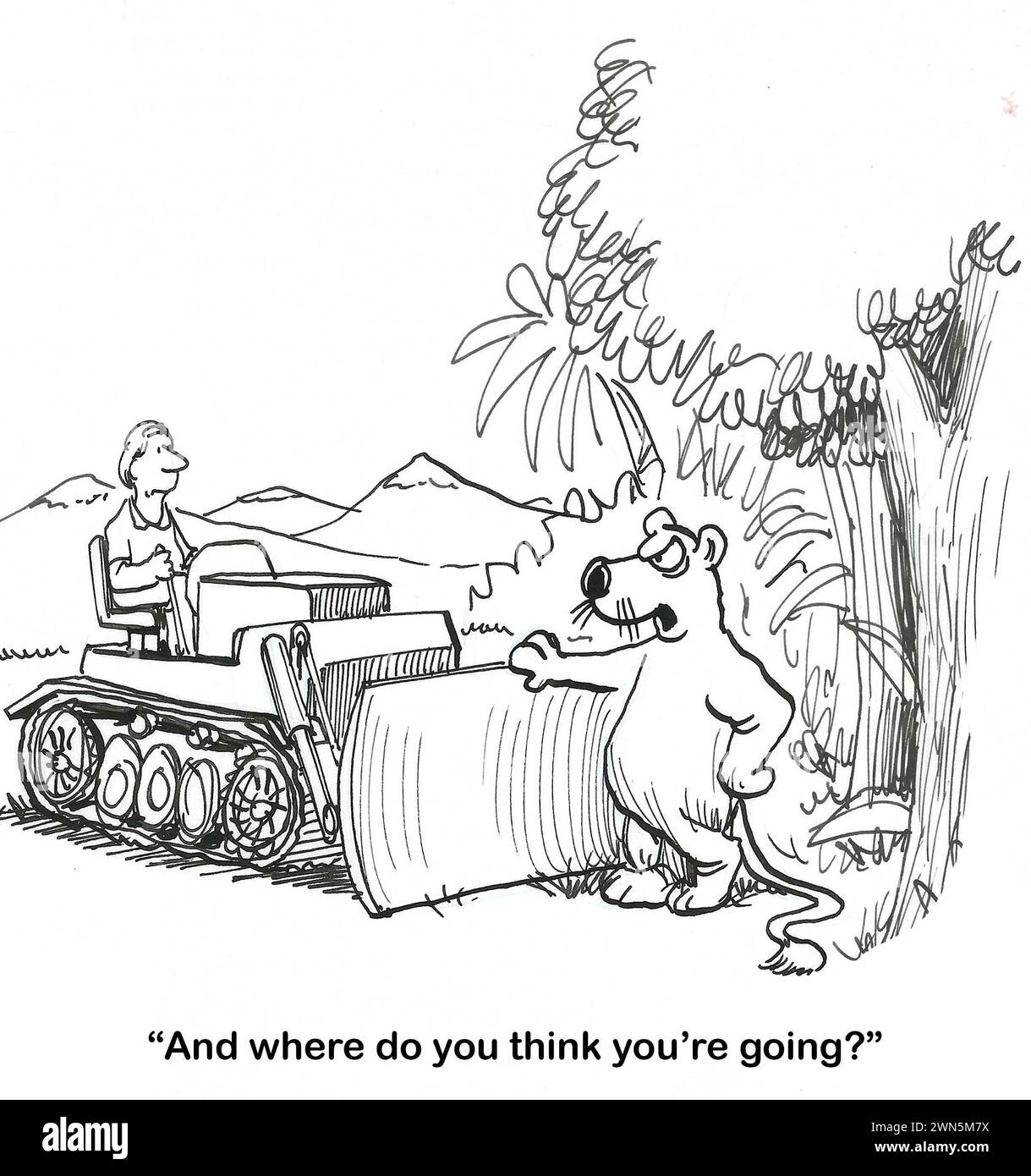 Dessin animé BW montrant un ours sauvage arrêtant le bulldozer de détruire les bois. Banque D'Images
