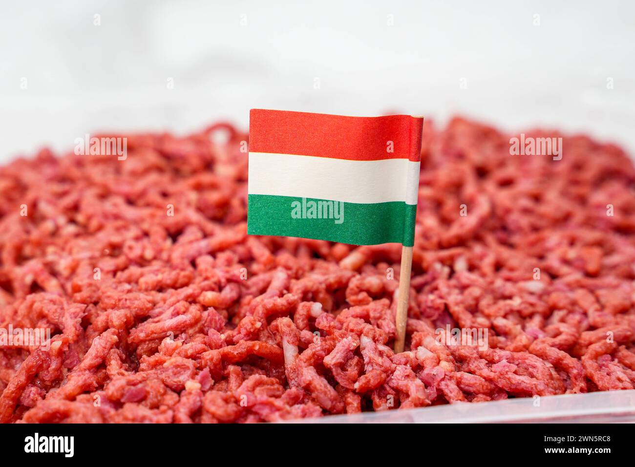 Augsbourg, Bavière, Allemagne - 29 février 2024 : viande hachée avec un drapeau italien, image symbolique de viande d'origine italienne *** Hackfleisch mit einer Italien Fahne, Symbolbild Fleisch aus italienischer Herkunft Banque D'Images