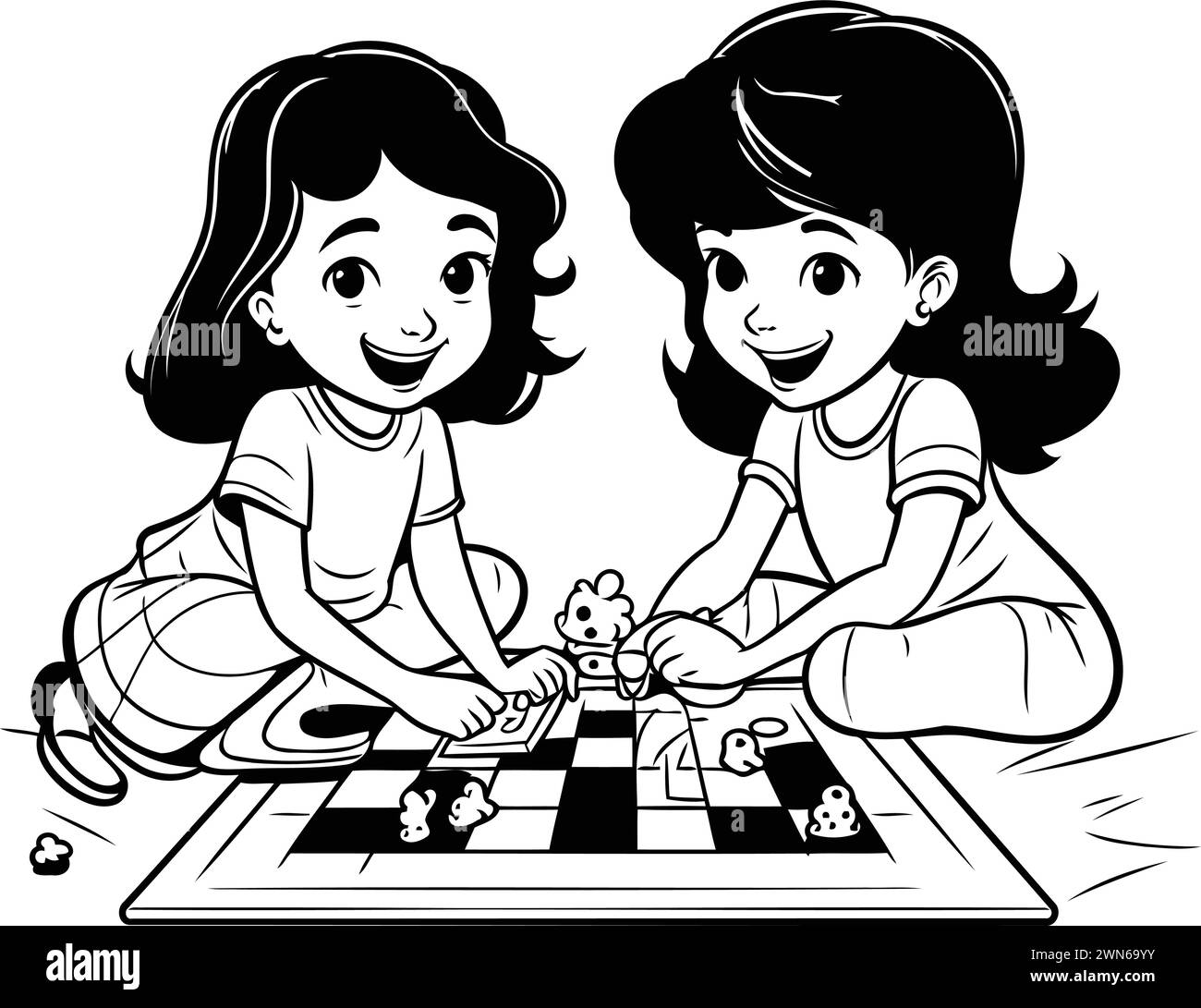 Enfants jouant aux échecs. Illustration vectorielle noir et blanc pour livre de coloriage. Illustration de Vecteur