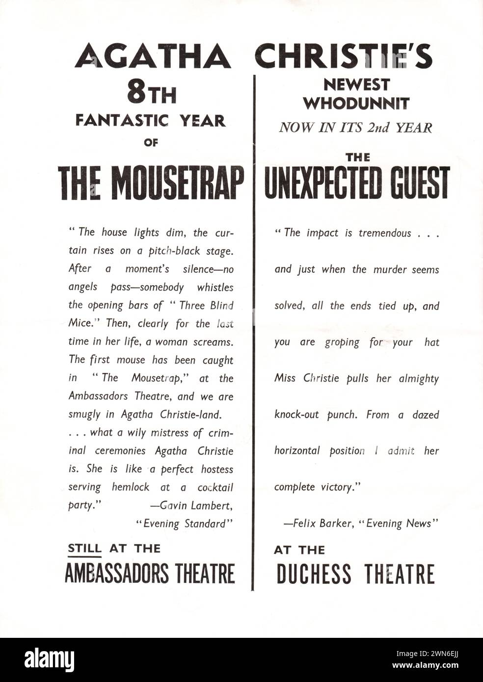 Une publicité de 1958 pour Agatha Christie's The Mousetrap au Théâtre Ambassadors et Unexpected Guest au Théâtre Duchess. Banque D'Images