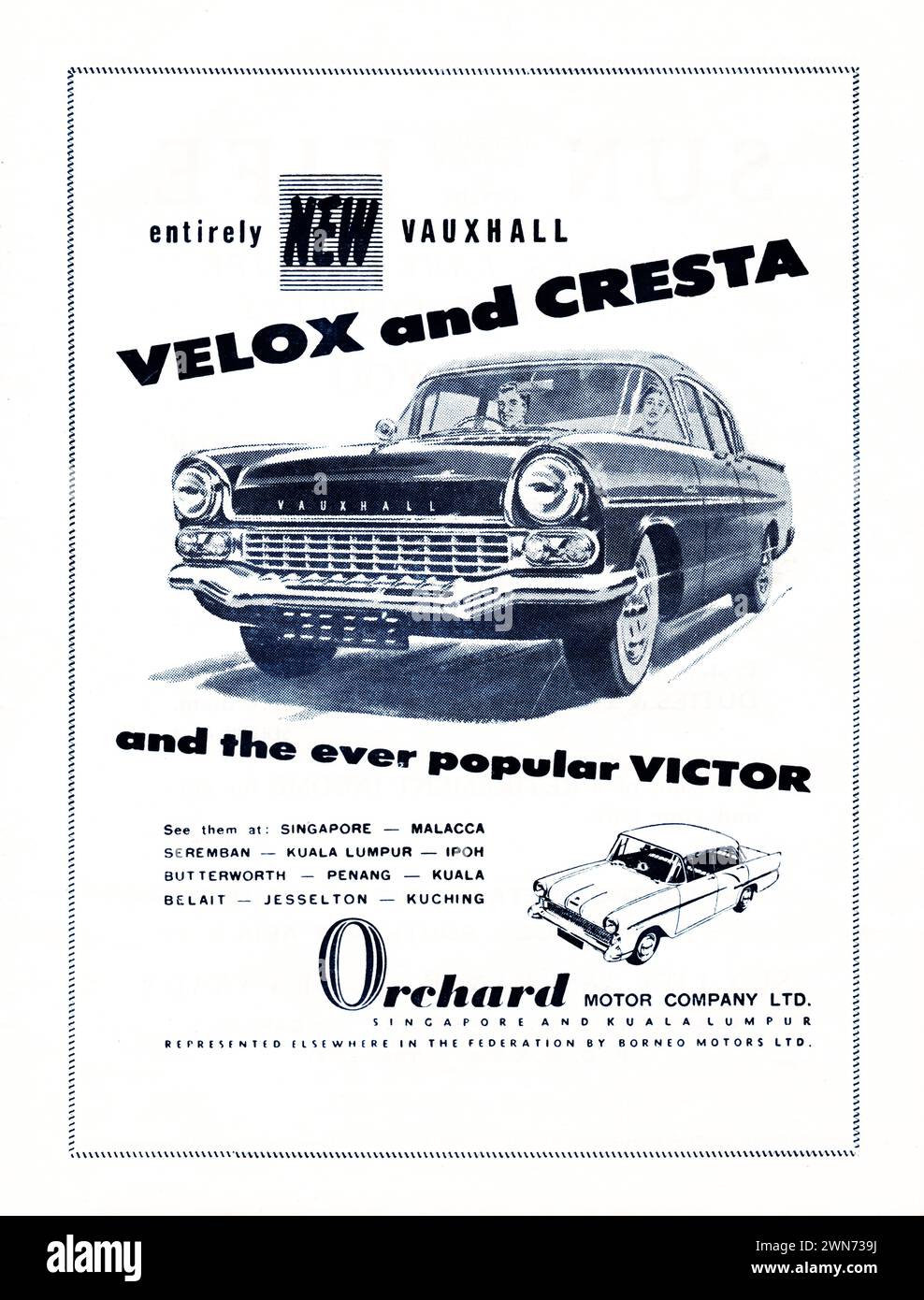 Ancienne publicité pour les Vauxhall Velox, Cresta et Victor dans la brochure annuelle de danse de l'Association de cricket de Singapour de 1958. Banque D'Images