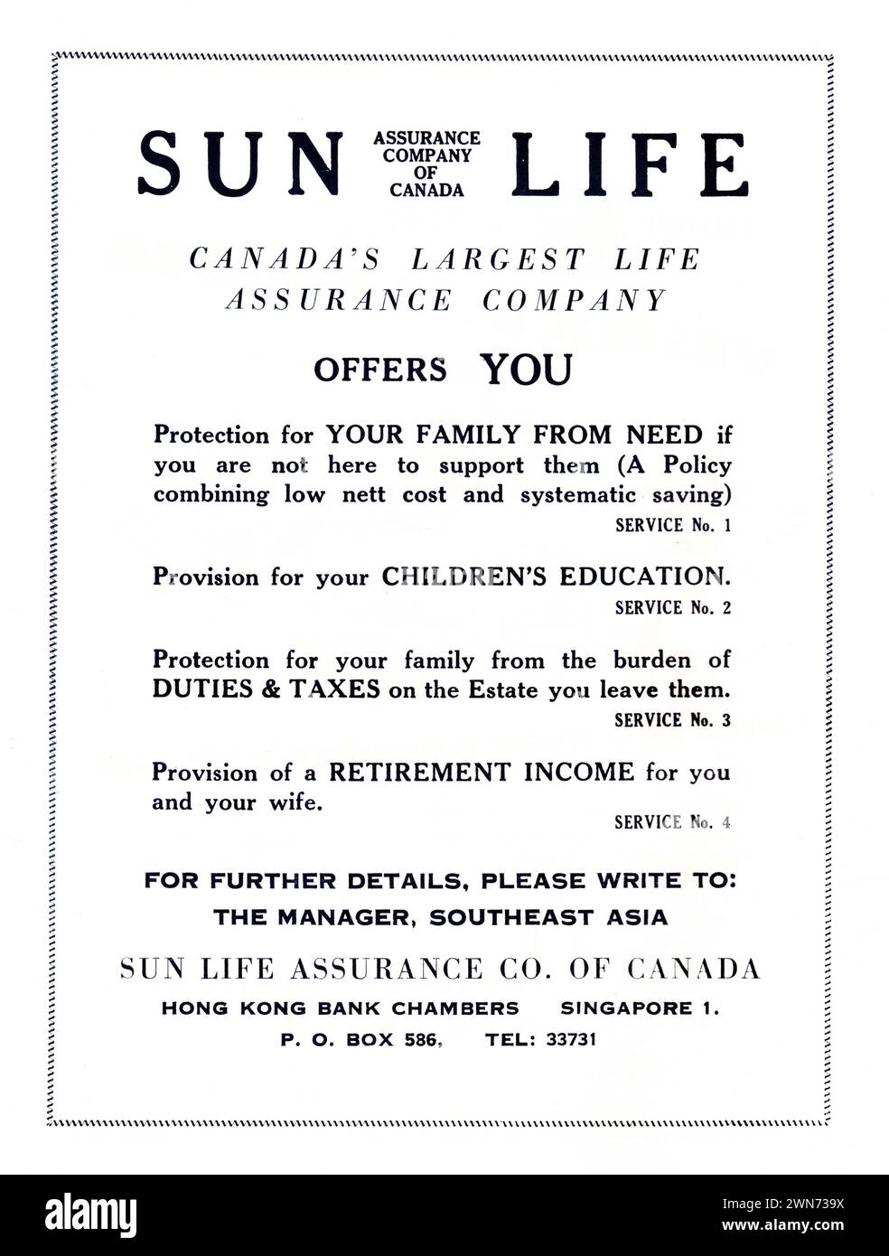 Sun Life du Canada, compagnie d'assurance-vie annonce de la compagnie d'assurance dans un magazine de l'Association de cricket de Singapour, septembre 1958. Banque D'Images