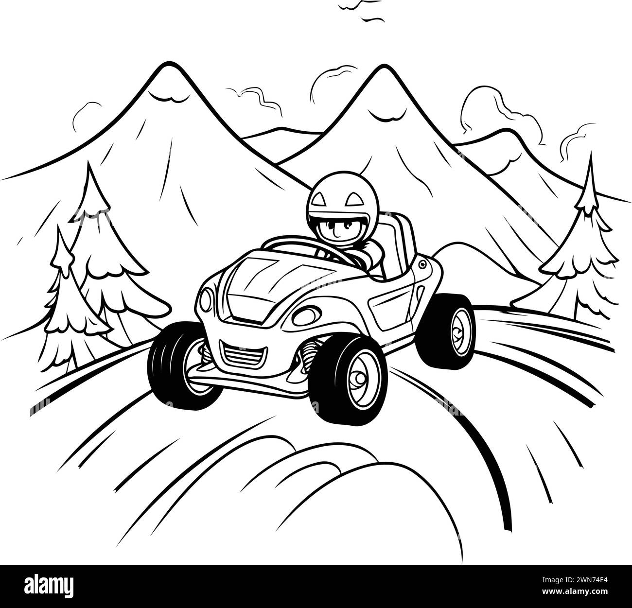 Illustration d'un homme conduisant un quad dans les montagnes. Illustration de Vecteur