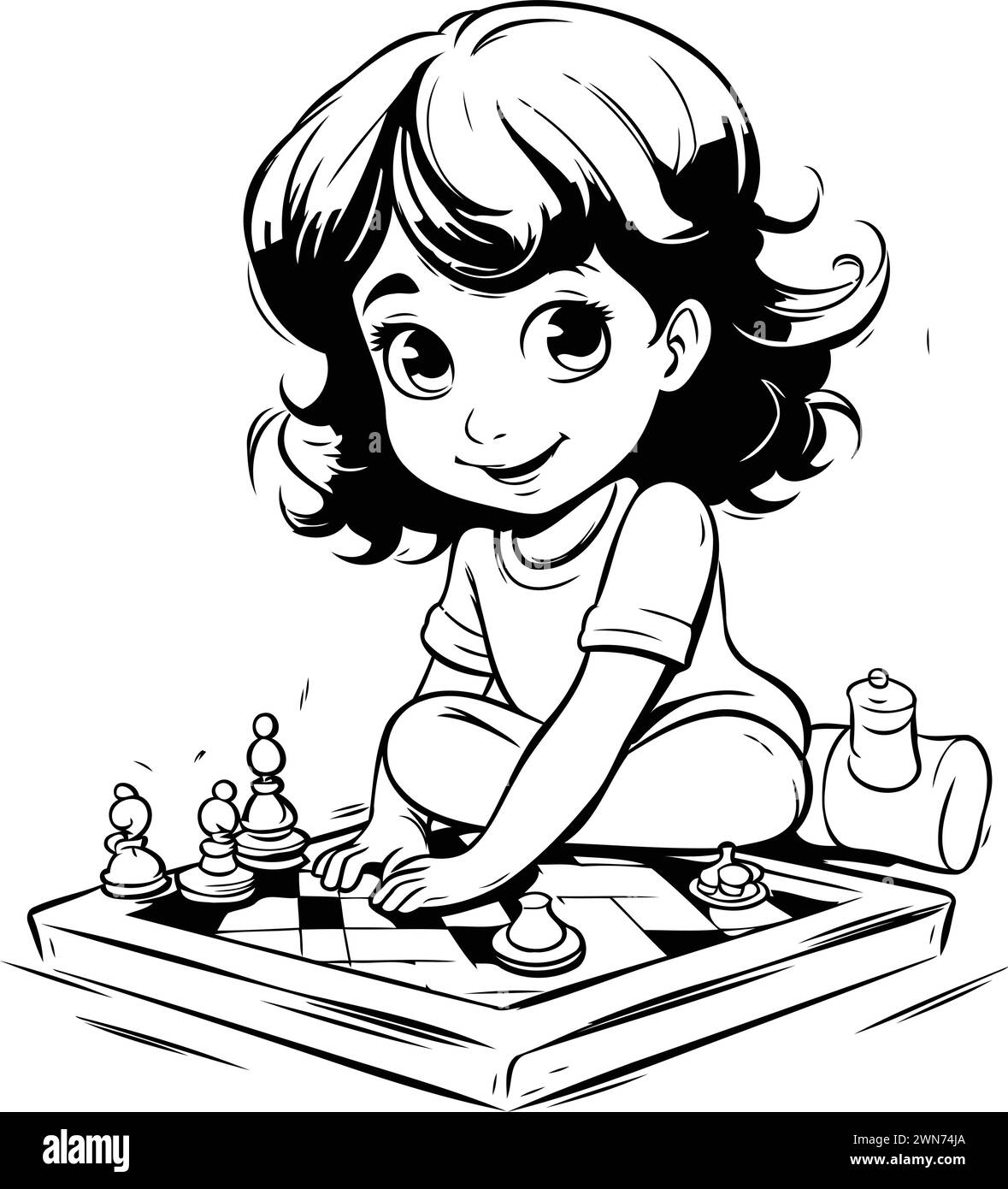 Fille mignonne jouant aux échecs. Illustration vectorielle noir et blanc pour livre de coloriage. Illustration de Vecteur