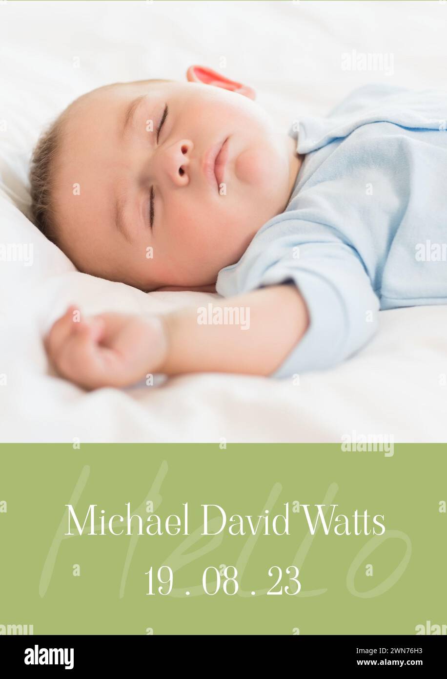 Composition du texte de michael david Watts avec date de naissance sur bébé caucasien sur fond vert Banque D'Images