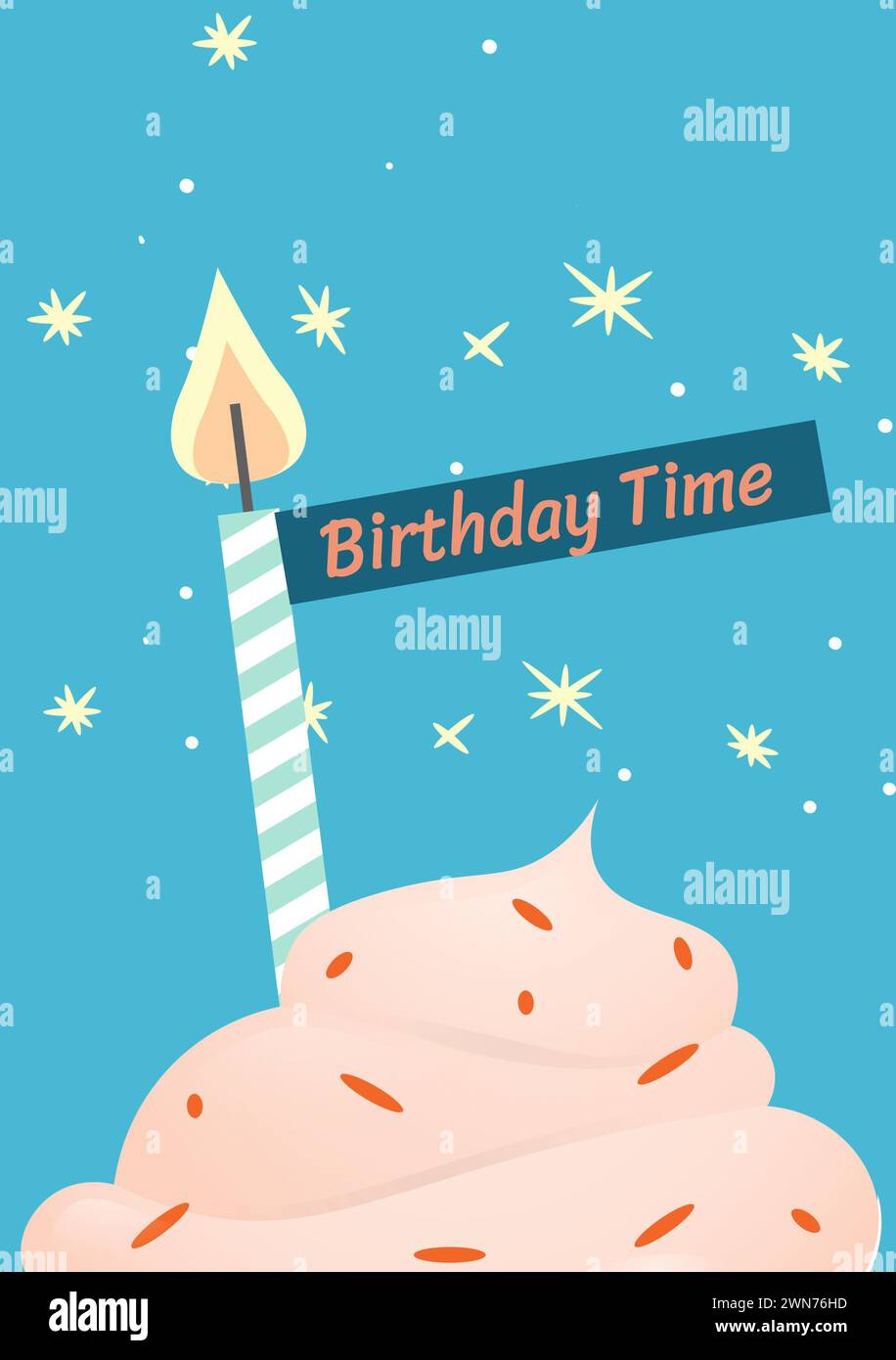 Composite de texte d'heure d'anniversaire sur cupcake avec bougie sur fond bleu Banque D'Images