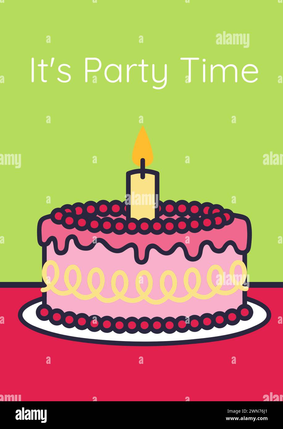 C'est un texte de temps de fête avec un gâteau d'anniversaire rose et une bougie sur fond vert et rose Banque D'Images