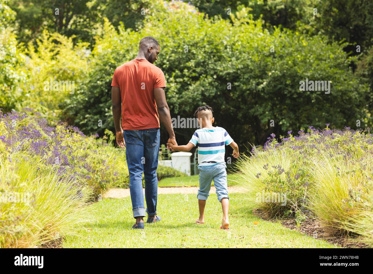 Père et fils afro-américains marchent main dans la main dans un jardin luxuriant Banque D'Images