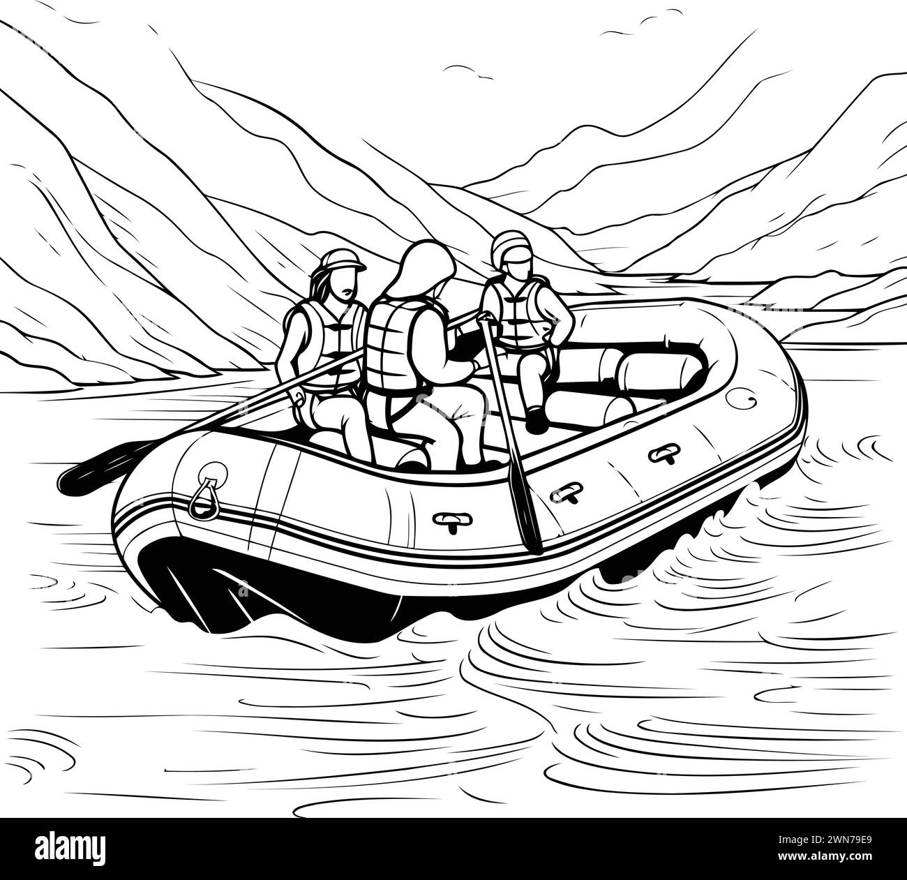 Rafting sur le lac. Illustration vectorielle noir et blanc. Illustration de Vecteur