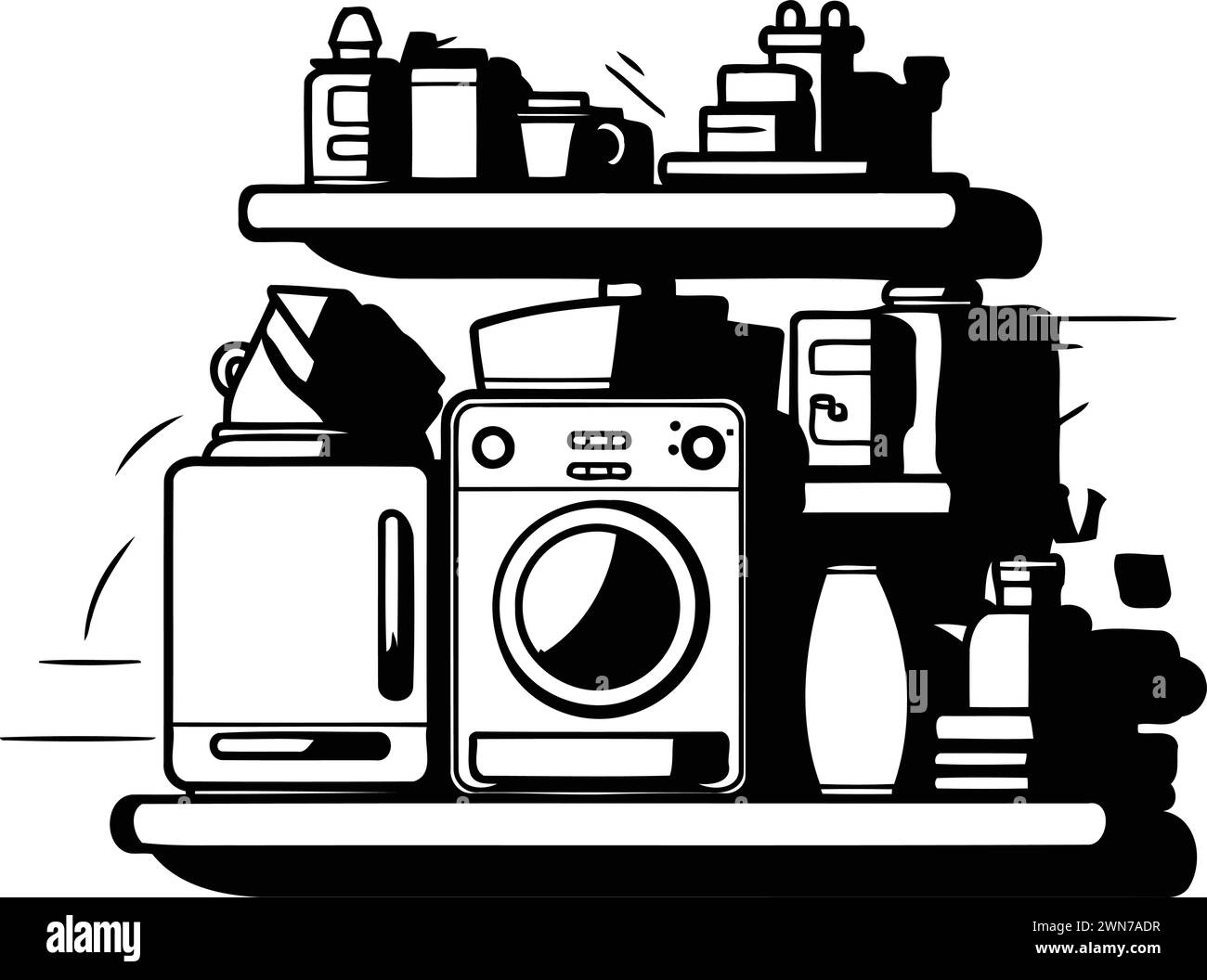 Service de blanchisserie. Buanderie avec machine à laver et fournitures de nettoyage. Illustration vectorielle Illustration de Vecteur