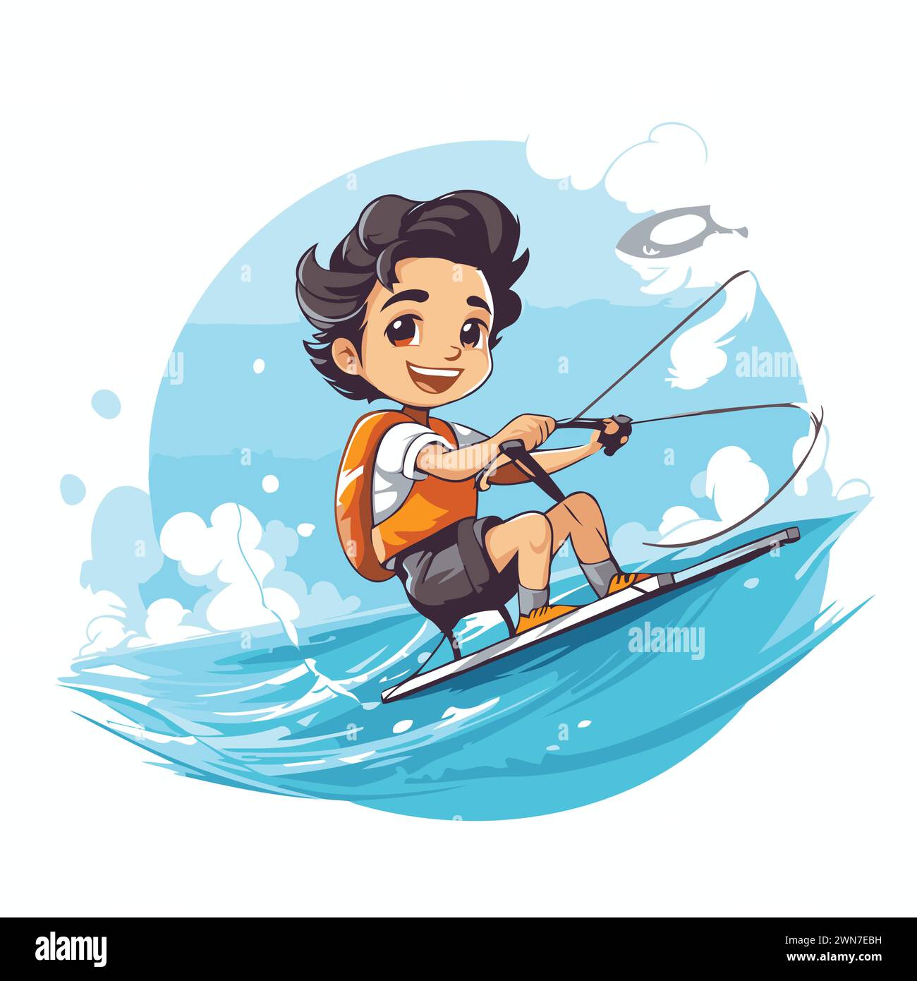 Kitesurf. Garçon sur l'eau. Illustration vectorielle. Illustration de Vecteur