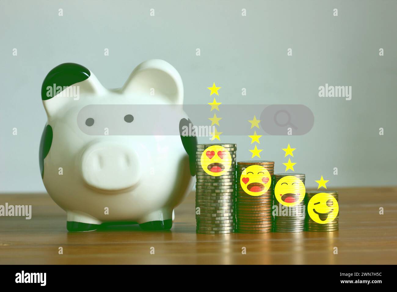 pile de pièces de monnaie de tirelire avec icône d'émotion Banque D'Images