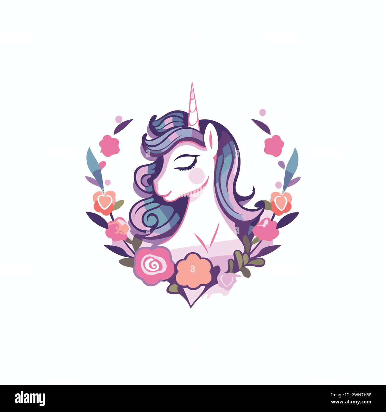 Licorne avec des fleurs. Illustration vectorielle dans un style plat. Illustration de Vecteur